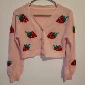 Strawberry Pattern Pink Cardigan Sweater